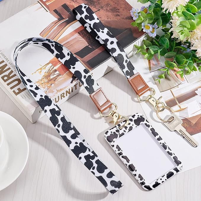 SUNNYCLUE 1 Box ID Badge Holder with Lanyard Breakaway Vertical Name Badge Holders ID Card Holders for Badges Tags Protector Black White Cow 2 Styles Safety Lanyards Wide Strap 360 Lobster Clasps