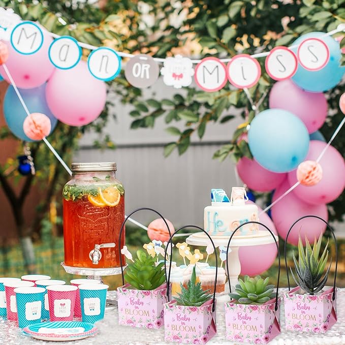 Soaoo 60 Pcs Succulent Baby Shower Favors Bulk Grow Succulents Wrap Bags with Handles Baby in Bloom Plants Paper Pots Gift Boxes Decorations Supplies Plants not Included Fits 2 Inch Pots(Pink Flower)