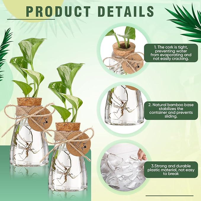 Baderke 48 Pack 3.35'' Plastic Plant Propagation Stations with Hole Lid Planter Vase Clear Propagation Jars with Thank You Tags for Plant Lover Gifts for Women Office Home Garden
