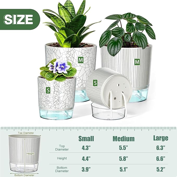 4 Pack Self Watering Pots for Indoor Plants, 4/5.5 Inch Lightweight Planters with Water Reservoir, Flower Pots for African Violet, Spider Plant, Orchid