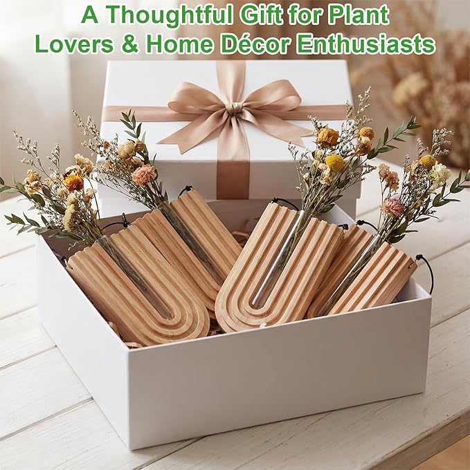 Set of 4 Wooden Wall Planter Vase Hanging Propagation Stations Glass Plant and Flower Vases Wall Plant Holder for Indoor Plants Art Boho Home Room Entryway Hallway Decoration