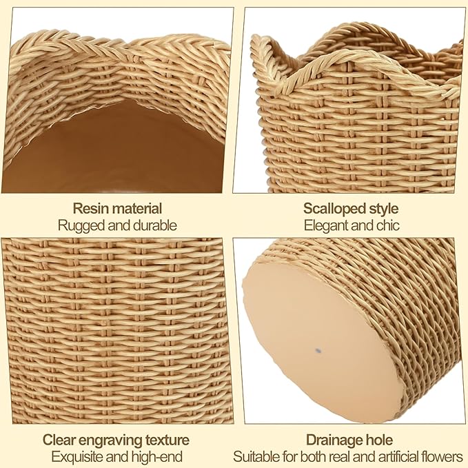 Weysat Scalloped Edge Basket Weave Pattern Planter Resin Plant Pot Holder Storage for Indoor Outdoor Planting Farmhouse Handmade Home Decor