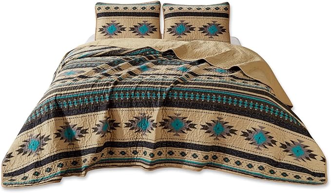 Chezmoi Collection 2-Piece Southwestern Geometric Tribal Quilt Set - Multicolor Teal Beige Black Gray Lightweight Quilted Bedspread Set, Twin (70" x 90")