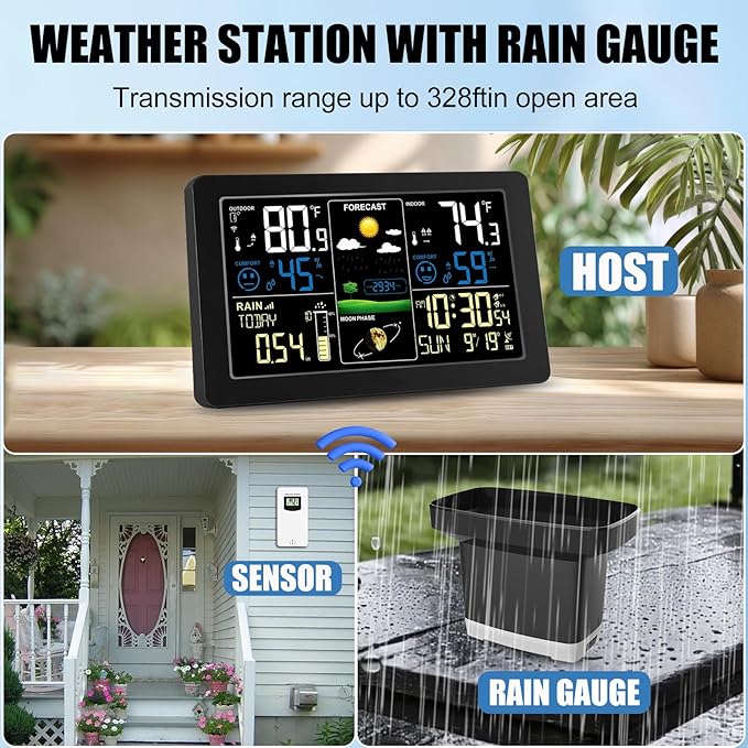 Weather Station with Rain Gauge Outdoor, Home Weather Stations Wireless Indoor Outdoor with Digital Rain Gauges, Thermometer, Barometer, Hygrometer, Atomic Clock, Weather Forecast, with 3 Sensor