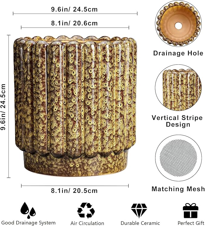 Ceramicfor Ceramic Pots for Plants - 9.6 Inch Ceramic Planters for Indoor Plants, Round Flower Pots with Drainage Hole, Fluted Large Planter Outdoor, Patio Decor, Garden Gifts, Yellow