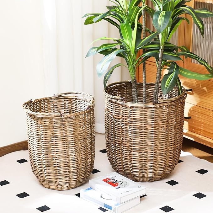 Boao Set of 2 Large Rattan Storage Basket - Round Handwoven Wicker Blanket Organization Baskets with Handles for Home Planter Decor, Laundry Hamper