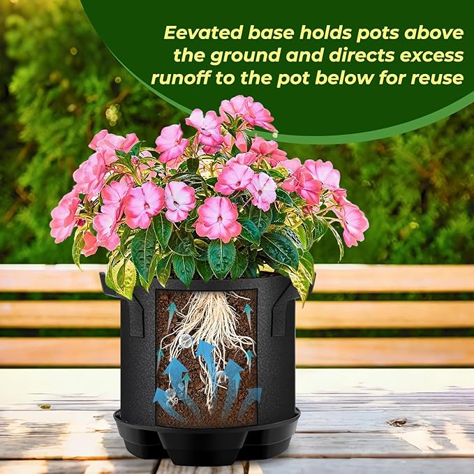 MultiOutools 4 Pack Self Watering Pot Base with 5 Gallon Fabric Grow Bag, Self Water Pots for Indoor Plants, Auto Watering Plant Saucer for Fabric Planters for Garden Outdoors
