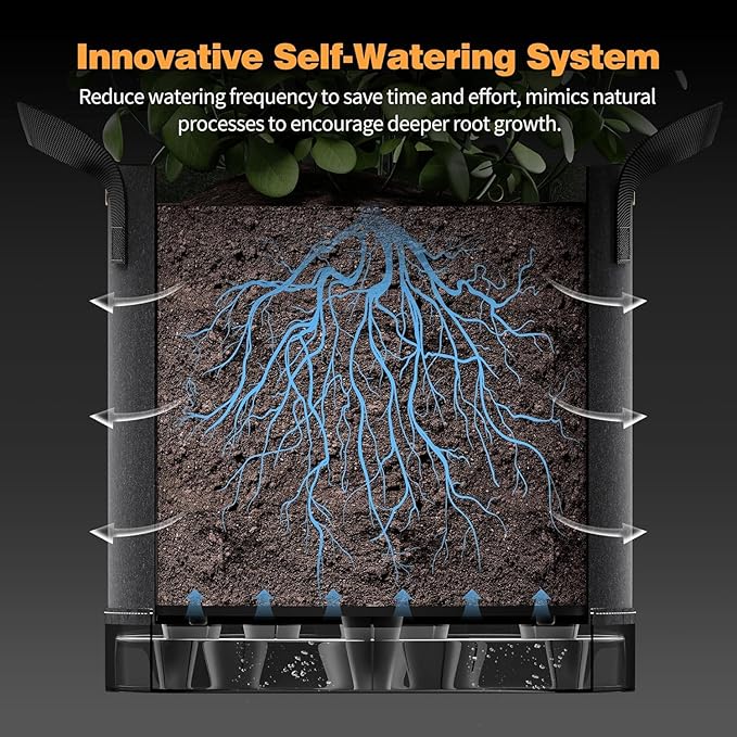 Patigrow Self-Watering Grow Bags, 5-Pack 10 Gallon 420G Thick Nonwoven Fabric Pots with Reinforced Handles and Multi-Purpose Rings, for Low Stress Plant Training Fruits, Vegetables,and Flowers