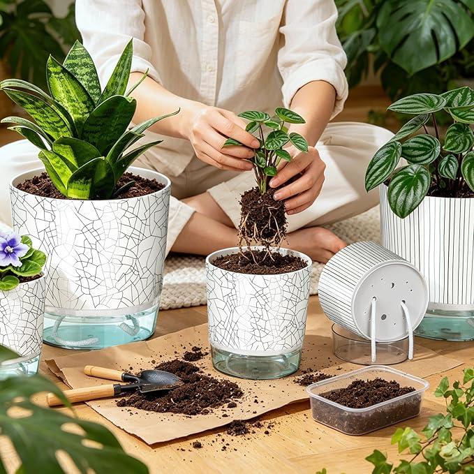 Self Watering Pots for Indoor Plants, 4/5.5/6.3 Inch Plant Pots Indoor Outdoor with Drainage Holes, Deep Reservoir, Plastic Self Watering Flower Pots