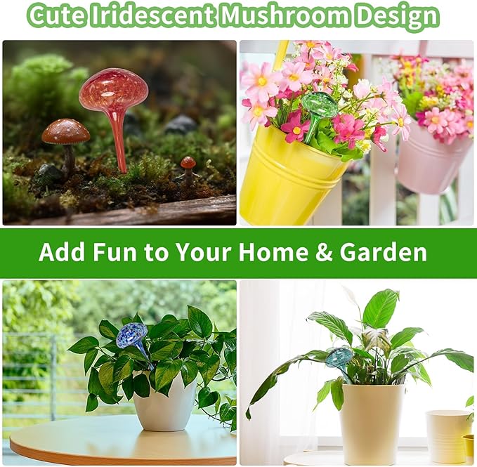 Plant Watering Globes 8"L x 3.5"D, 4Pcs Large Self Watering Planter Insert Glass Plant Watering Devices for Indoor Outdoor Plants, Mushroom Automatic Plant Waterer Watering Spikes Bulbs+Funnel &Shovel
