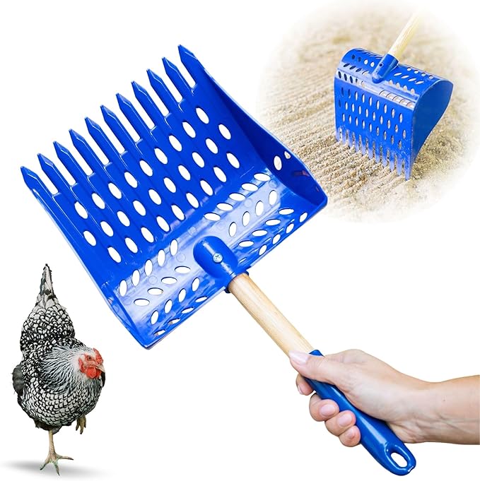 The Coop Scoop® Shelf 2-in-1 Chicken Poop Scooper & Rake – Made in The USA, Durable Sand Sifting Litter Shovel for Chicken Coops & Small Farm Animals (Shelf 10" Handle)