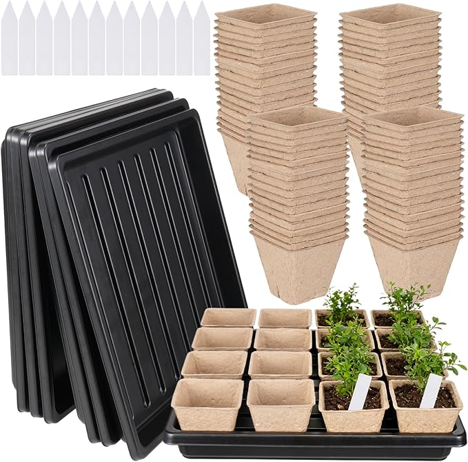 100 Pcs Square Nursery Pots with Drain Holes and 6 Pcs Plastic Plant Growing Trays and Plant Labels, Seed Starter Kit Propagation Tray Seed Starting Pots for Seedling Plant Growing