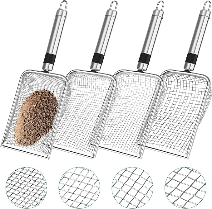 4PCS Soil Sifter for Gardening, Stainless Steel Sand Soil Compost Sifter for Gardening with Handle, Sieve for Rocks (0.2/0.17/0.15/0.11 in Mesh)