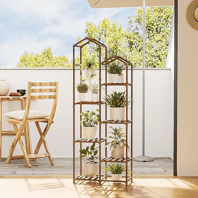 Bamworld Roof Shaped Plant Stand Indoor Outdoor 6 Tier Tall Large Wood Plant Shelf Multi Tier Flower Stands Garden Shelves Wooden Plant Display Holder Rack for Living Room Corner