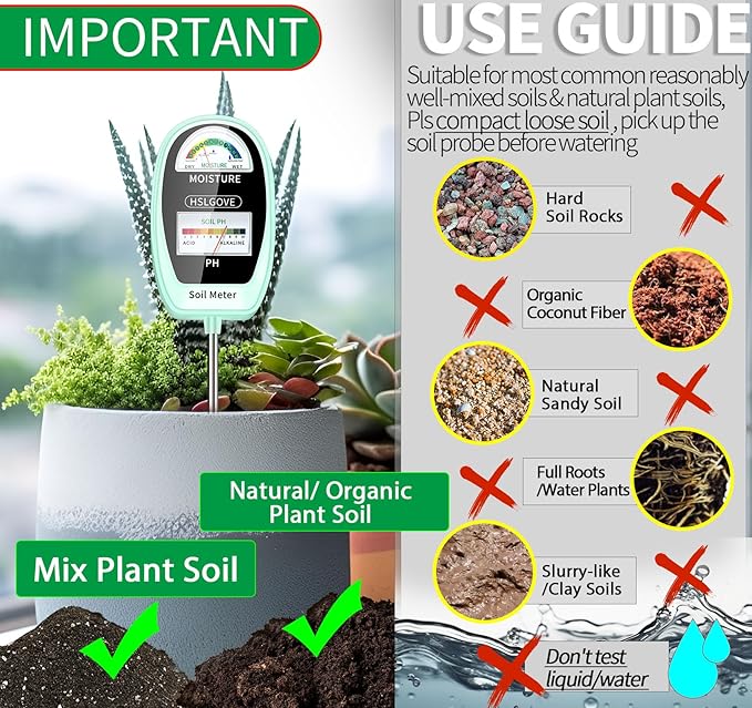 HSLGOVE Soil Test Kit, 2-in-1 Soil Moisture Meter/Soil PH Meter, Dual Screen Soil Tester, Soil Moisture Meter for Plants Watering/Gardening for Lawn,Farm Indoor&Outdoor Use-Tea Green