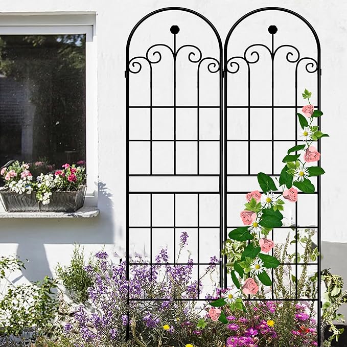 LZRS 4 Pack 71x20in Rustic Iron Arch Decoration Garden Trellis with Black Metal Coating – Perfect for Supporting Climbing Plants Outdoor, Roses, Vines, Flowers, and Vegetables.
