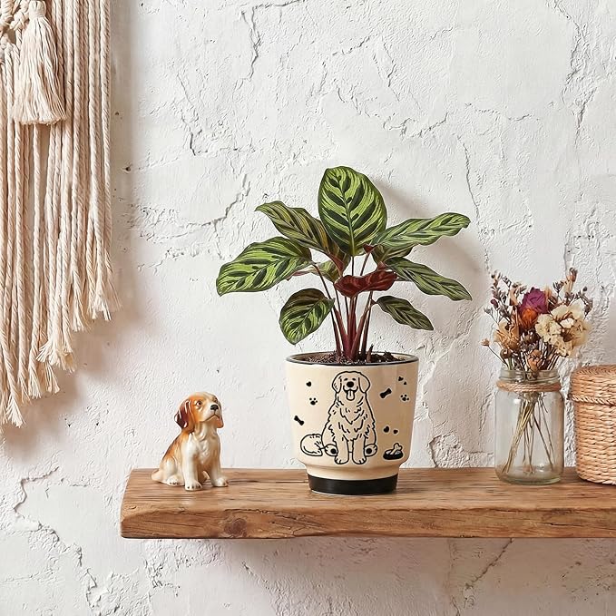 STHIE 5 Inch Ceramic Planters for Indoor Plants, Round Plant Pots with Drainage, Decorative Cute Flower Pot, Cactus Snake Planter for Windowsill (Sweet Dog)