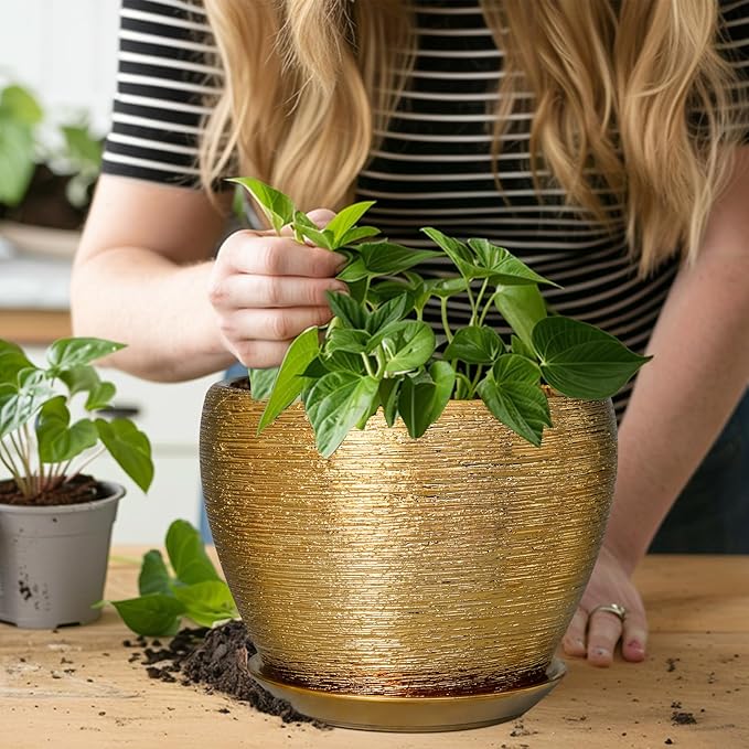 Ceramicfor Ceramic Plant Pot 8 Inch - Planter for Outdoor Plants Indoor Plant Pot with Drainage Hole and Saucer Decorative Round Planter Modern Flower Pot for House Decor Gold