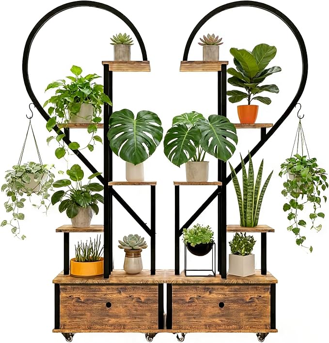 Heart Shaped Indoor Plant Stand with Rolling Storage Cabinet & Drawer, Multi-Tier Plant Shelf with Hanging Hooks & Casters for Home Office Living Room Patio Balcony, Rustic Brown, 2 Pack