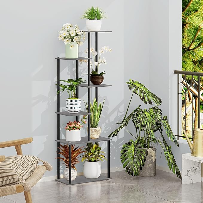 Plant Stand Indoor, 6-Tier Tall Plant Shelf Multiple Metal Wood Flower Pot Holder for Living Room Office Balcony Patio, Oak Grey