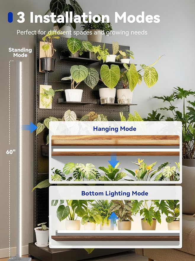 GLOWRIUM Grow Lights for Indoor Plants, 36W Vertical Plant Grow Lights with Auto-Timer, Full Spectrum LED Standing Plant Grow Light, 3 Light Modes, 6-Level Dimmable (60 in(Silver))