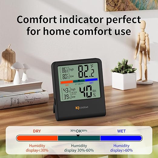 Digital Thermometer Hygrometer, Indoor Wall Thermometer Humidity Indoor with High Accuracy, Suitable for Greenhouse, Home and Office, AAA Battery (Black)