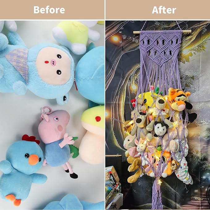 Stuffed Animal Storage Net, 63’’ Jumbo Stuffed Animal Hammock Corner Wall Ceiling Over Door Hanging Toy Hammock Organizer, Purple Boho Macrame Plushie Toy Net w/ LED Lights for Baby Boys Girls Gift