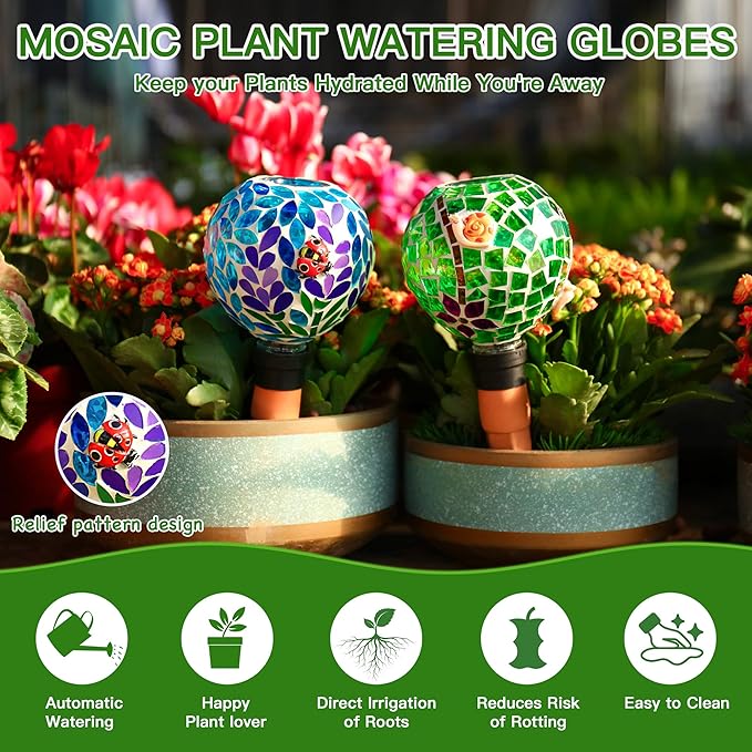 SAVENNA Mosaic Plant Watering Globes with Terracotta Spikes,17oz Glass Self Watering Globes for Indoor & Outdoor Potted Plants,Decorative Water Drippers for Houseplants, Garden & Patio,Set of 2
