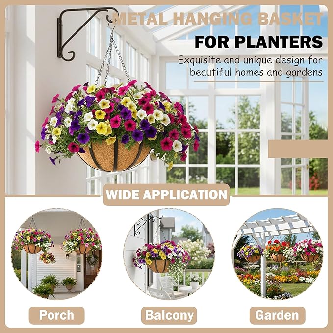 4 Pack 12 inch Metal Hanging Planters Basket Set Round Wire Plant Holder with Coco Fiber Liners Chain Indoor Outdoor Hanging Baskets for Garden Balcony Patio Deck Porch Vegetables Flower Plants