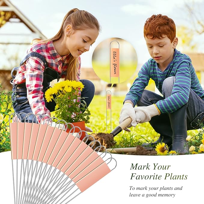 Moxweyeni 61 Pieces Metal Plant Tags Kit 30 Pieces Copper Metal Plant Labels 30 Rainproof Pet Films 1 Marker Pen Reusable Planting Garden Markers Nursery Tags(T U Shape)