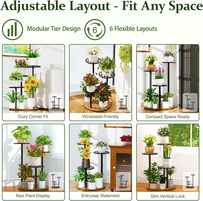 3 Tiered Tall Plant Stand, Tall Metal Wood Shelf Holder for Indoor Outdoor, Tiered Flower Stand for Corner Patio Balcony Porch Garden Living Room House