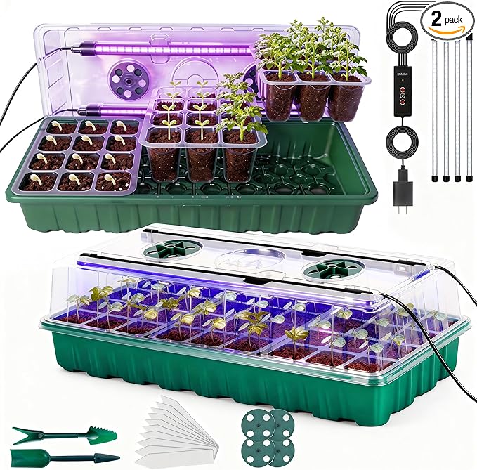Seed Starter Tray with Grow Light, 2 Pack 72 Cells Seed Germination Kit with Humidity Dome, Adjustable Brightness Plant Germination Tray for Herb, Indoor Seedling Starter Trays for Gardening