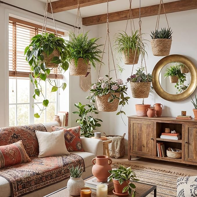 6 Pcs Seagrass Hanging Planter Basket Hand Woven Plant Basket with Plastic Liners Hanging Plant Holder Storage Containers with Cotton Rope for Indoor Garden Decor (Medium,Brown)
