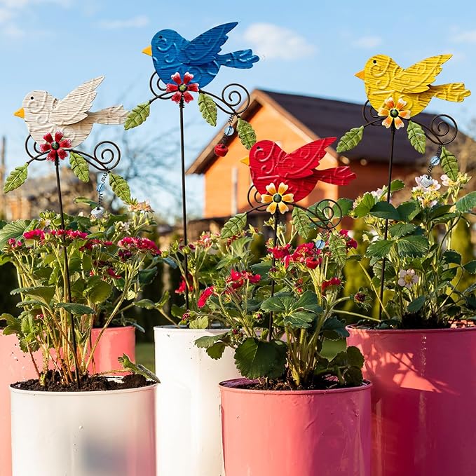 4 Pack Decorative Garden Stakes - 14.2" Metal Flowers for Outside & Metal Yard Art Outdoor and Garden, Rust-Resistant Shaking-Head Bird Lawn Ornaments for Patio - Gift for Gardeners