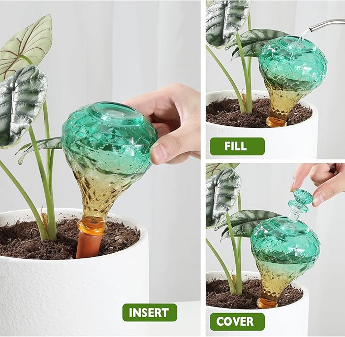 12 oz Plant Watering Globes, Green Glass Self Watering Bulbs Top Fill with Terracotta Spikes Stake, Self Watering Planter Insert Vacation Automatic Plant Waterer Device for Indoor & Outdoor