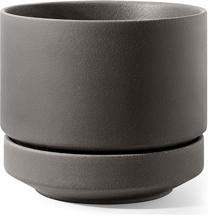 LE TAUCI 12 Inch Pot for Plants with Saucer, Ceramic Indoor Planter Pot with Drainage Hole, Mesh Pad Included, Unglazed Porous Ceramic, Modern for Home and Office, Charcoal Gray