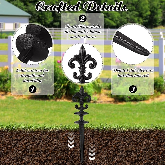 4 Pcs Antique Garden Hose Guide Spike, 13.7" Fleur De Lis Decorative Cast Iron Finial Stakes Heavy Duty Metal Plant Saver Tools Outdoor Hose Protection for Lawn Yard Patio(Black,Single Style)