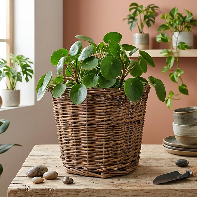 Handwoven Wicker Planter Basket with Liner - Natural Brown Rattan Plant Pot for Indoor Plants, Decorative Flower Pot Cover 7.9x6.3 Inch.