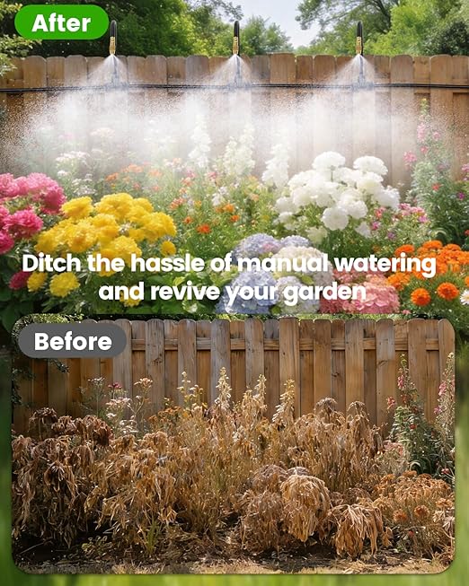 120FT Drip Irrigation System for Garden with 18 Nozzles –360° Adjustable Misting Nozzles, Quick-Connect Design, Ideal for Raised Beds, Lawns, Greenhouses & Outdoor Cooling