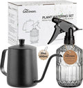 Watering Can Indoor Plants, 20 oz Metal Mini Indoor Watering Can with Long Spout for Houseplants, 13.5 oz Glass Plant Mister Spray Bottle for Bonsai Garden Flower Seedlings (Black/Grey)