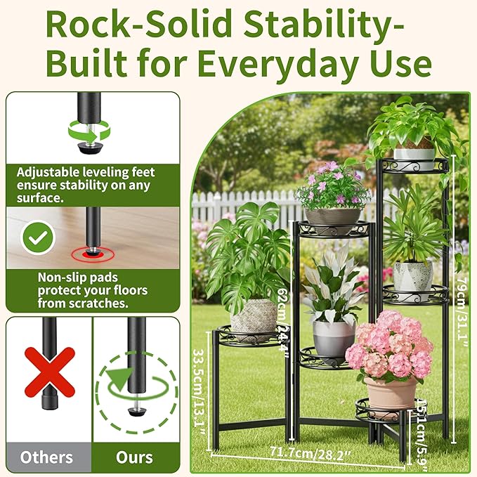 Plant Stand Outdoor Metal 6 Tier for Multiple Plants Corner Balcony Living Room Tall Indoor Plant Shelf Black Circle