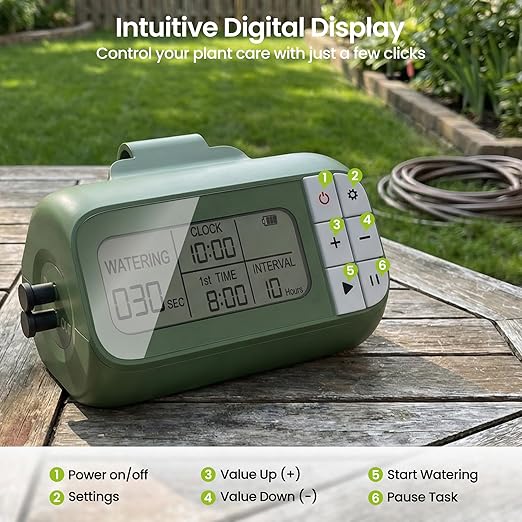 Garden Drip Irrigation System Timed Watering, Programmable Solar Water Drip for 15 Plants, Drip Irrigation Kit with 33FT 1/4'' Tube, 15x Tee Fitting, 15x Flow Valve, 15x Drip Stake(Battery Powered)