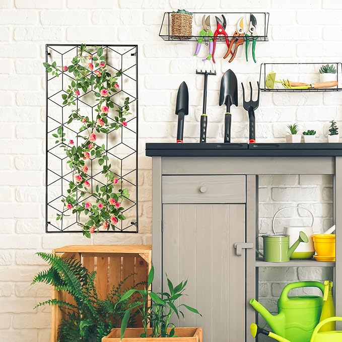 MyGift 4 Foot Geometric Cube Pattern Style Matte Black Metal Wire Garden Trellis, Wall Mounted Large Support Lattice Frame for Climbing Plants and Crawling Vines