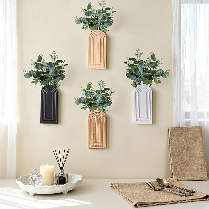 DREAMLOOM 2 Pack Wooden Wall Vases with Fake Plants, Wall Hanging Planters Boho Modern Farmhouse Indoor for Narrow Spaces Entryway Bathroom Home Office Decoration, Retro
