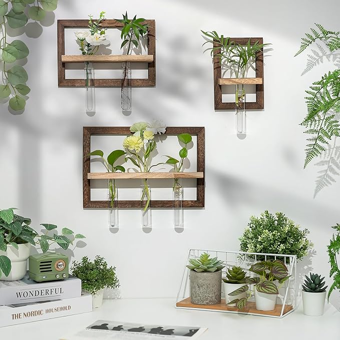 Wall Planter Propagation Stations - Hanging Glass Terrarium Tube Vase with Wood Shelf for Indoor Plants Cutting - Rustic Wall Decor for Farmhouse