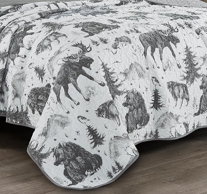 Chezmoi Collection Denver 3-Piece Southwestern Lodge Quilt Set Queen - White Black Gray Grizzly Bear Wolves Moose Pine Tree Mountain Printed Microfiber Lightweight Bedspread Set for All Season