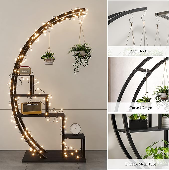 Jojoka Plant Stand Indoor Outdoor 2 Pack, 5 Tier 56" Tall Metal Plant Shelf, Heavy Duty Corner Flower Rack with Hanging Hooks, Multi Plant Holder for Living Room Garden Balcony,Black