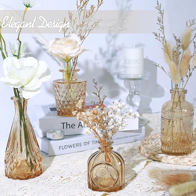 TBWIND Glass Bud Vase Set of 5, Small Amber Flower Vases for Centerpieces in Bulk, Mini Vintage Vase for Wedding Decor, Single Flowers, and Home Table Décor