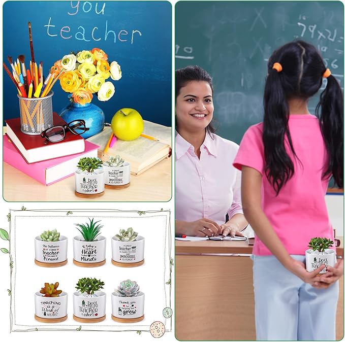 Potchen 6 Pcs Teacher Appreciation Gifts Bulk Succulent Pots Thank You for Helping Me Grow Planter with Bamboo Tray Funny Ceramic Succulent Gifts for Teacher, Women, Coworker