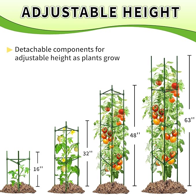 TCBWFY 6-Pack 63-Inch Adjustable Tomato Cages, Heavy-Duty Metal Plant Support Trellis for Garden and Pots, DIY Tomato Stakes, Height Adjustable 16 to 378 Inches